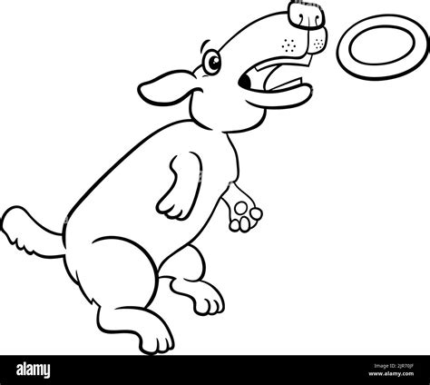Black and white cartoon illustration of funny dog jumping and catching a ring toss toy coloring ...