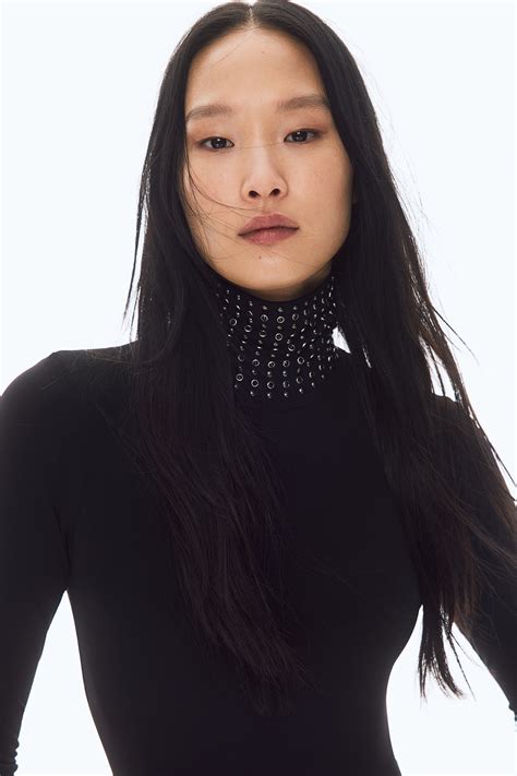 Stud-Detail Mock Turtleneck Bodysuit - Black - Ladies | H&M US