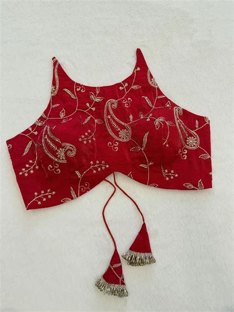 Red Organza Halter Neck Blouse | Sleeveless & Padded | Fully Stitched