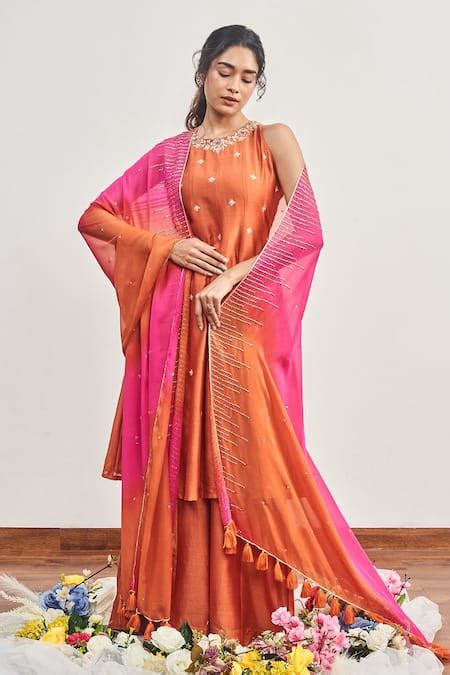 Buy Orange Chanderi, Satin Organza, Lining And Embroidered Kurta Pant ...