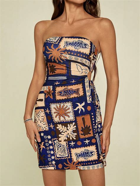 SHEIN Tall Tropical Island Elements Hollow Out Drawstring Waist Fitted ...