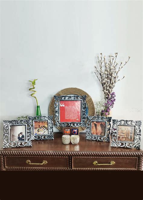 Get Set of 5 Table Top Wooden Carved Photo Frame in Silver Color (Photo ...