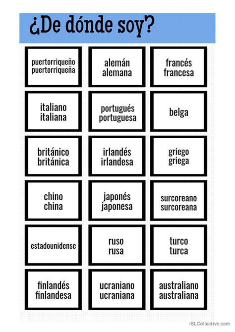 Países y nacionalidades: English ESL worksheets pdf & doc