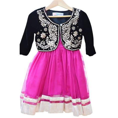 Designer Black Velvet Pattern Jacket with Pink Frock for Girls