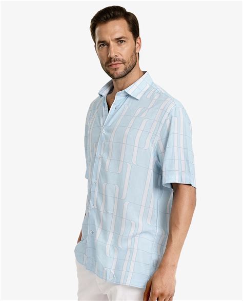 Rare Rabbit Men Holter Light Blue Viscose Fabric Short Sleeve Boxy Fit