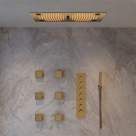 GRANDJOY LED Brushed Gold 7-in Waterfall Dual Head Shower Faucet Bar ...