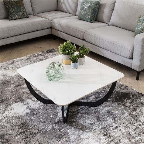 Small Square Coffee Table Premium White Marble Effect Ceramic 80cm ...