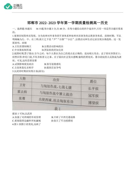河北省邯郸市2022-2023学年高一上学期期末质量检测历史试卷（含部分解析）_正确云资源