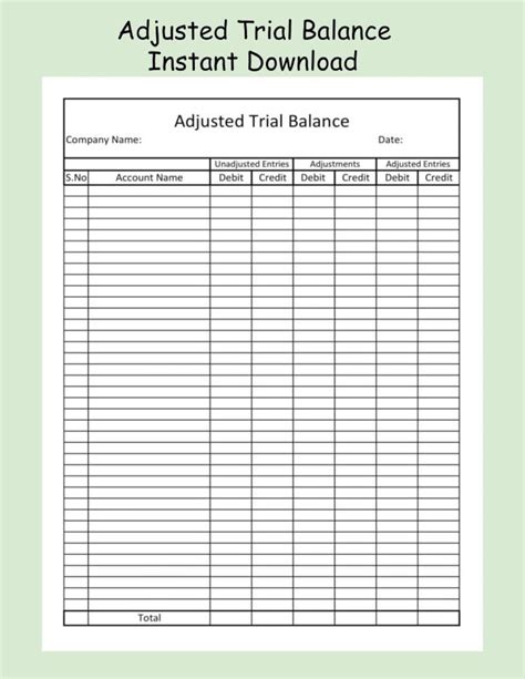 Adjusted Trial Balance | Printable-pdf-instant Download -editable MS ...