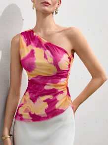 Aveloria Modichic Random Tie-Dye Mesh Fabric Print Ruched Slim Fit ...