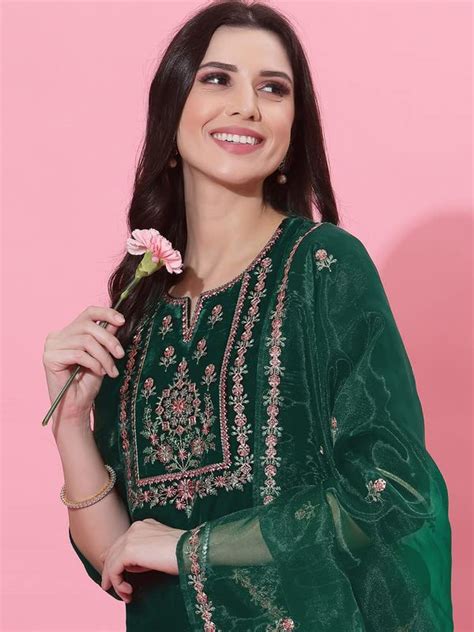 Buy Sanisa Women's Velvet Embroidery Straight Kurta Set with Dupatta ...