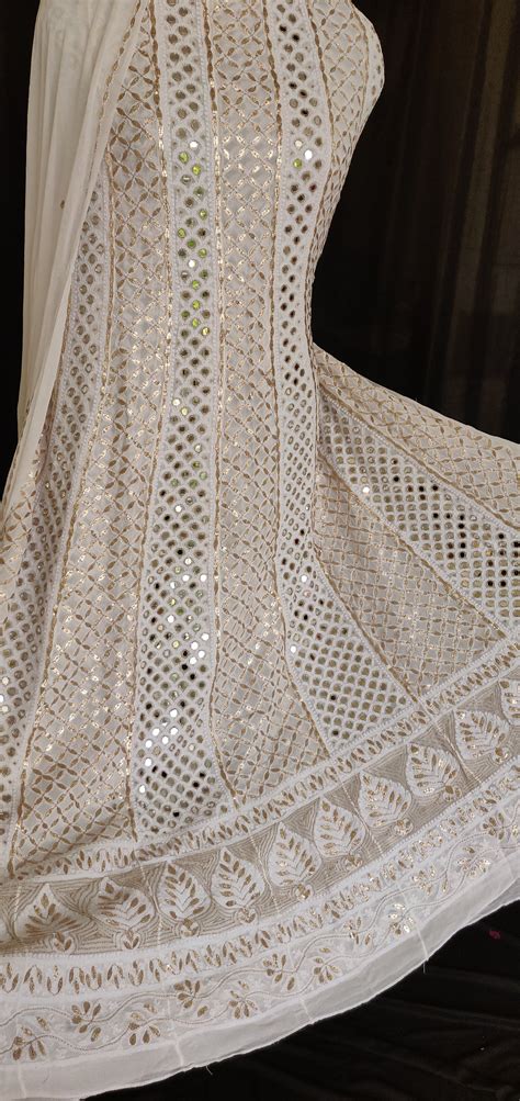 White Chikankari and mirror work anarkali with dupatta