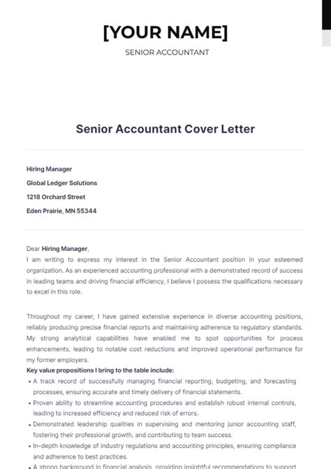 Free Senior Accountant Cover Letter Template to Edit Online