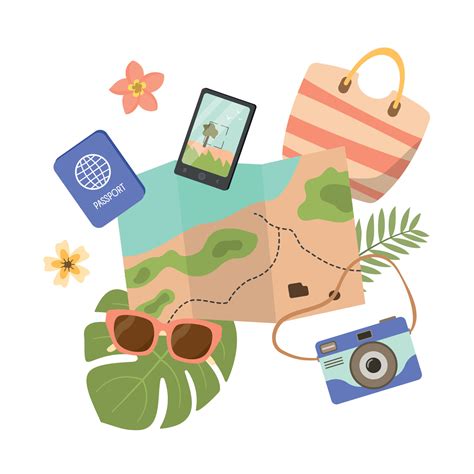 Summer traveling clipart with beach bag, map, sunglasses, phone, camera ...