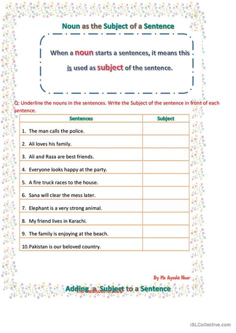 Noun "as the Subject of a Sentence"…: English ESL worksheets pdf & doc