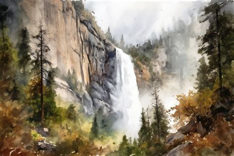 Premium Photo | A watercolor painting of yosemite falls in yosemite.