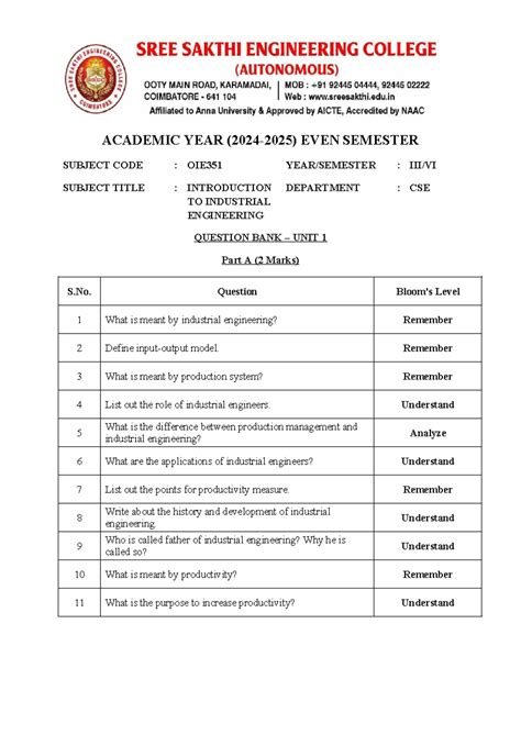 OIE351 Question Bank: Introduction to Industrial Engineering - Studocu