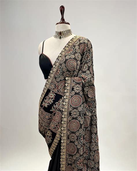 BLACK AJRAKH EMBROIDERED SAREE – Nidhitambi
