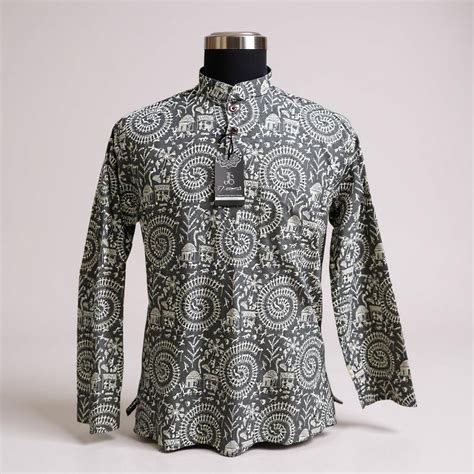 New Grey Warli Print Full Sleeves Short Kurta for Men – Jaipuri Stitch