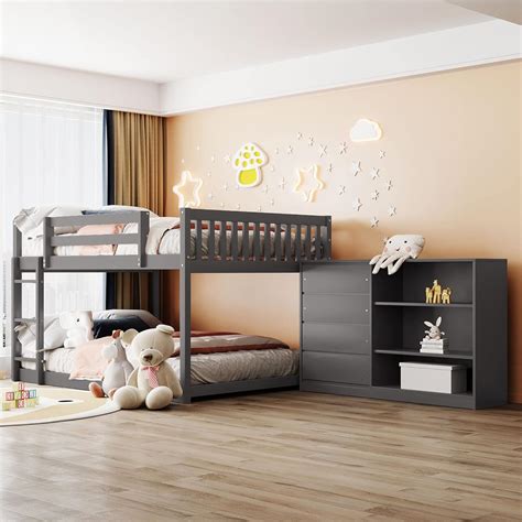Amazon.com: ManyStars Low Bunk Bed with Storage, Full Over Full Floor ...