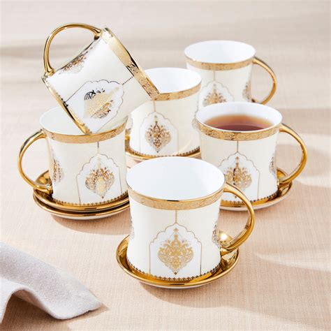 Buy Ebony Diamond Set of 6 Bone China Printed Mugs with Coaster - 200ml ...