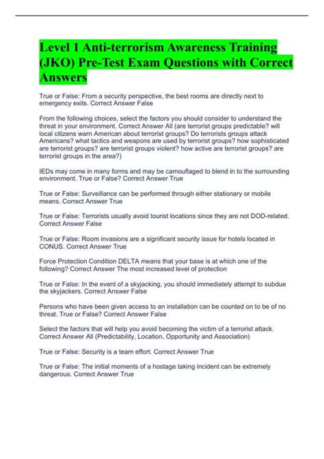 Level 1 Anti-terrorism Awareness Training (JKO) Pre-Test Exam Questions ...