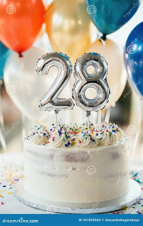 Celebratory 28th Birthday Cake With Shiny Balloon Numbers And Colorful ...