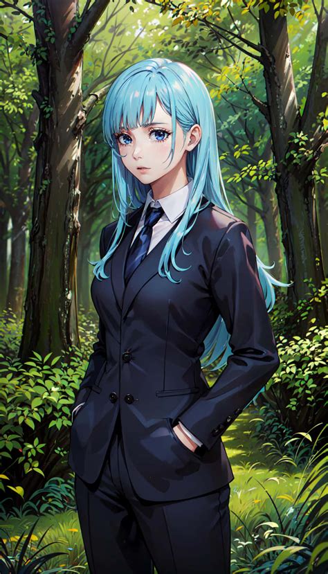 Download Blue Haired Anime Girlin Forest Suit Wallpaper | Wallpapers.com