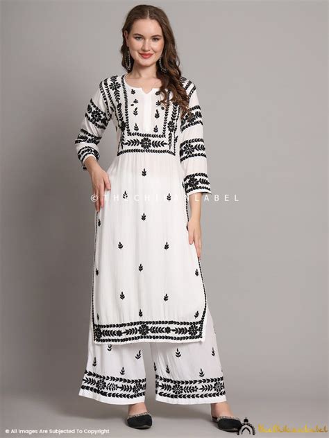 Chavvi Black on White Chikankari Kurti Palazzo Set | The Chikan Label
