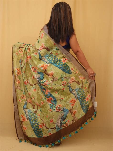 Stylish Green Linen Saree: Vibrant Digital Print | Shop Now!