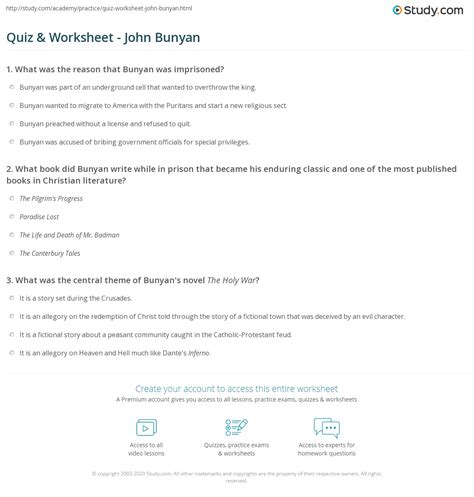 Quiz & Worksheet - John Bunyan | Study.com