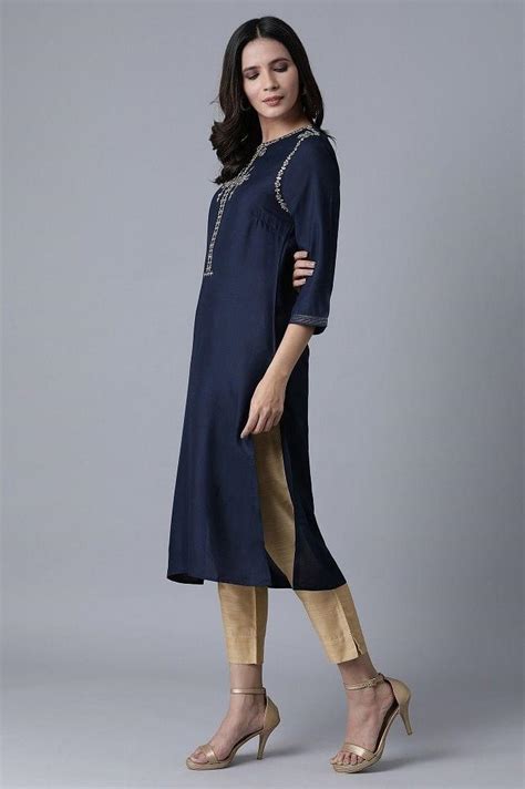 Buy Navy Blue Embroidered kurta @ 1799 | W for woman – wforwoman