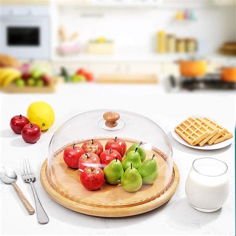 Buy Dessert Cloche with Base Cake Stand Glass Display Dome with Bamboo ...