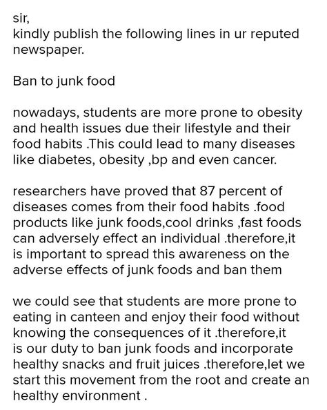 a formal letter to editor explaining why junk food should be banned ...