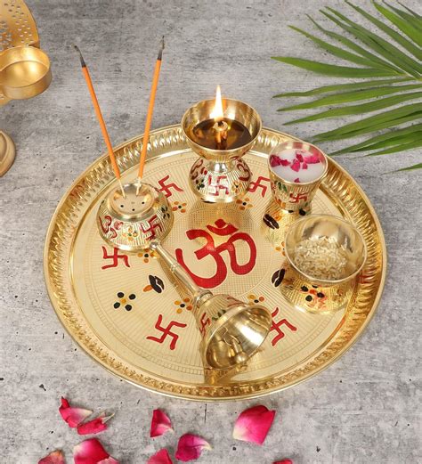 Two Moustaches 9 Inches Om & Swastika Design Brass Pooja Thali Set ...