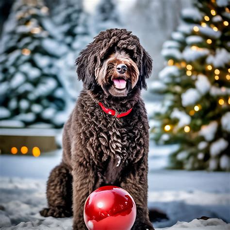 "Christmas landscape dog breed Spanish water dog,stands with paws on a New Year's ball ...