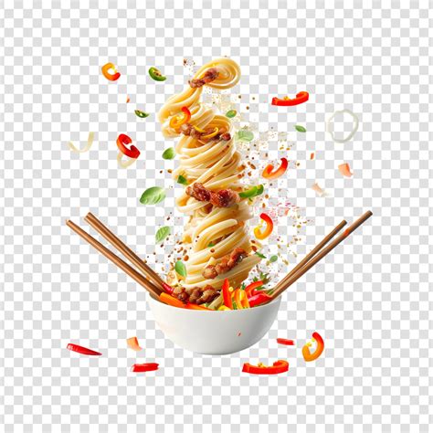 Noodles with vegetables and chicken meat in the form of a tornado with ...