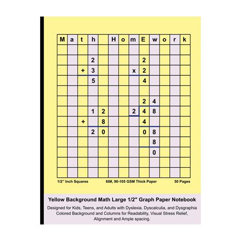 Yellow Background Math Large 1/2" Graph Paper Notebook: Designed for ...