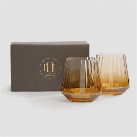 Set of 2 Light Amber Ombre Ribbed Drinking Glasses