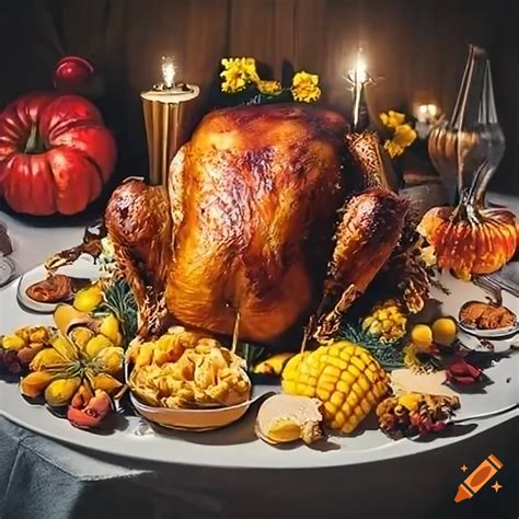 Thanksgiving table with turkey, pumpkin, and apple pie on Craiyon