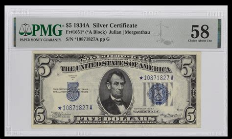 Series 1934A $5 Silver Certificate Star Note Fr.1651* PMG 58 Ch. About Unc.