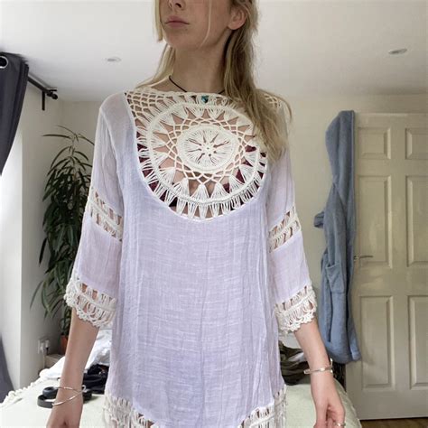 hippie white beach cover up - Depop
