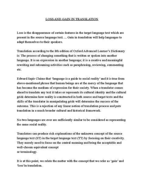 Loss and gain in translation - LOSS AND GAIN IN TRANSLATION Loss is the ...