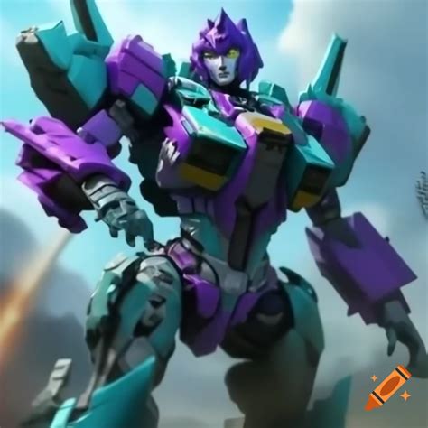 Female jet bot Transformer in teal, purple, and grey colors on Craiyon