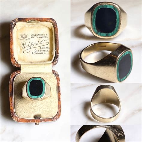 vintage 9ct gold signet ring set with malachite × black onyx | NOIR ONLINE