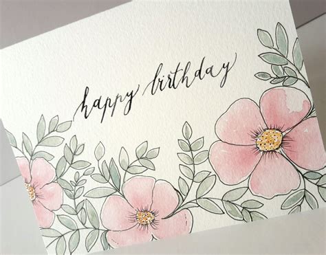 Birthday Card with Pink Flowers and Green Leaves