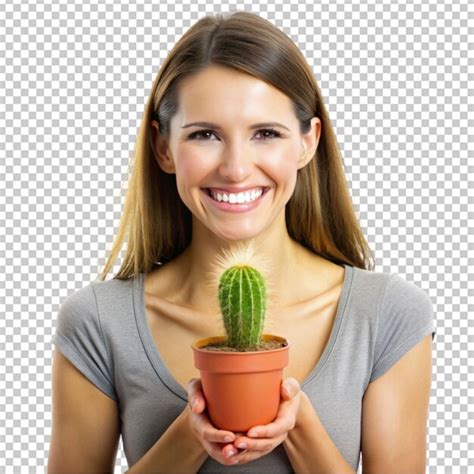 Pretty thin woman smiling happily with a hand on transparent background ...