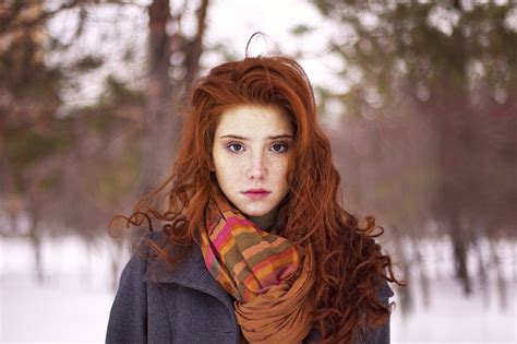 looking at viewer, pale, grey coat, winter, scarf, portrait, freckles ...