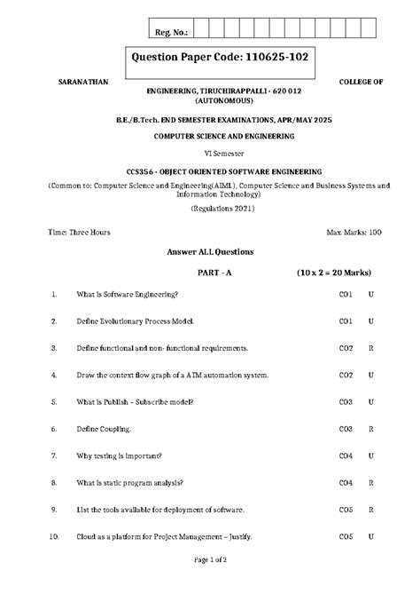 CCS356 End Semester Exam QP: Object Oriented Software Engineering - Studocu