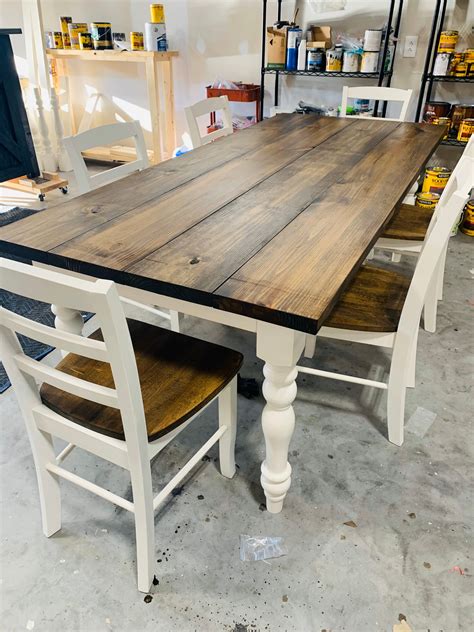 7ft Farmhouse Table: Dark Walnut Top, Antique White Turned Legs